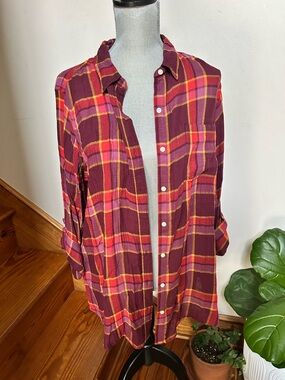 NWT Plaid Button-Front Tunic Shirt - Burgundy, Pink, Yellow
